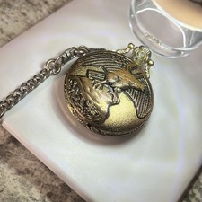 Quartz Full Hunter Pocket Watch w/ Chain, Gold Polished Case White Arabic Dial