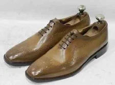 Handmade Men Dark Beige Leather Wing Tip Brogue Shoes, Oxford Lace Up Shoes