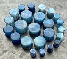 PAIR Blue Striped Agate Stone Plugs Organic Double Flare Gauges Guages