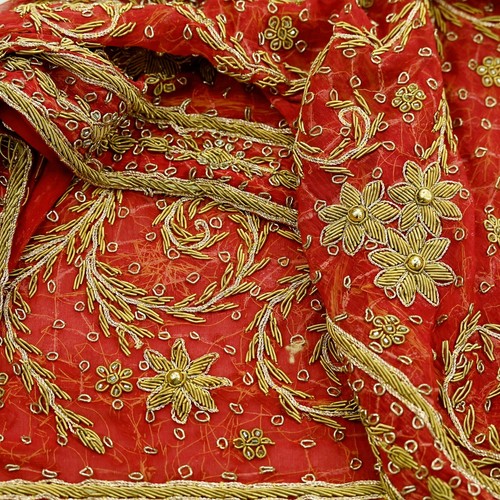 Vintage Heavy Bridal Dupatta Red Pure Chiffon Silk Long Stole Hand Embroidered - Picture 22 of 24
