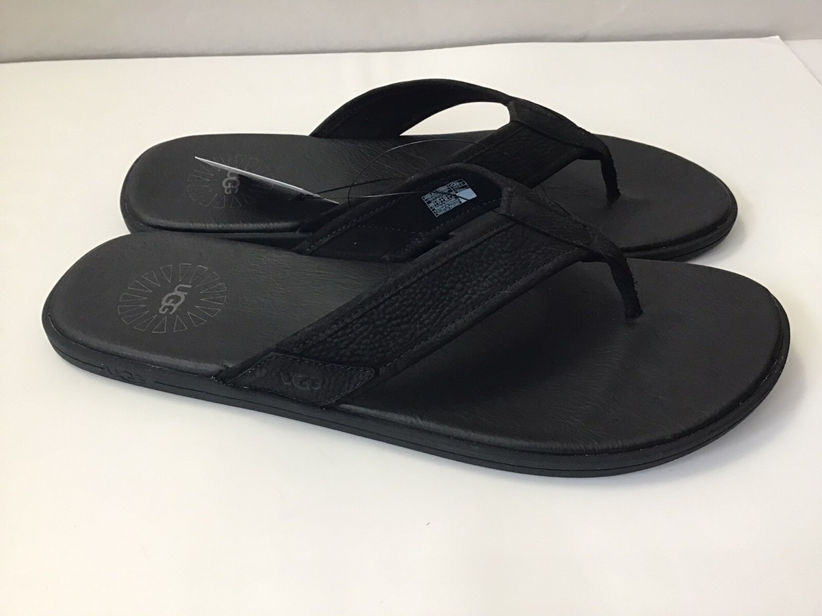 New UGG Seaside Flip Sandals - Black Leather, Size 13 M US