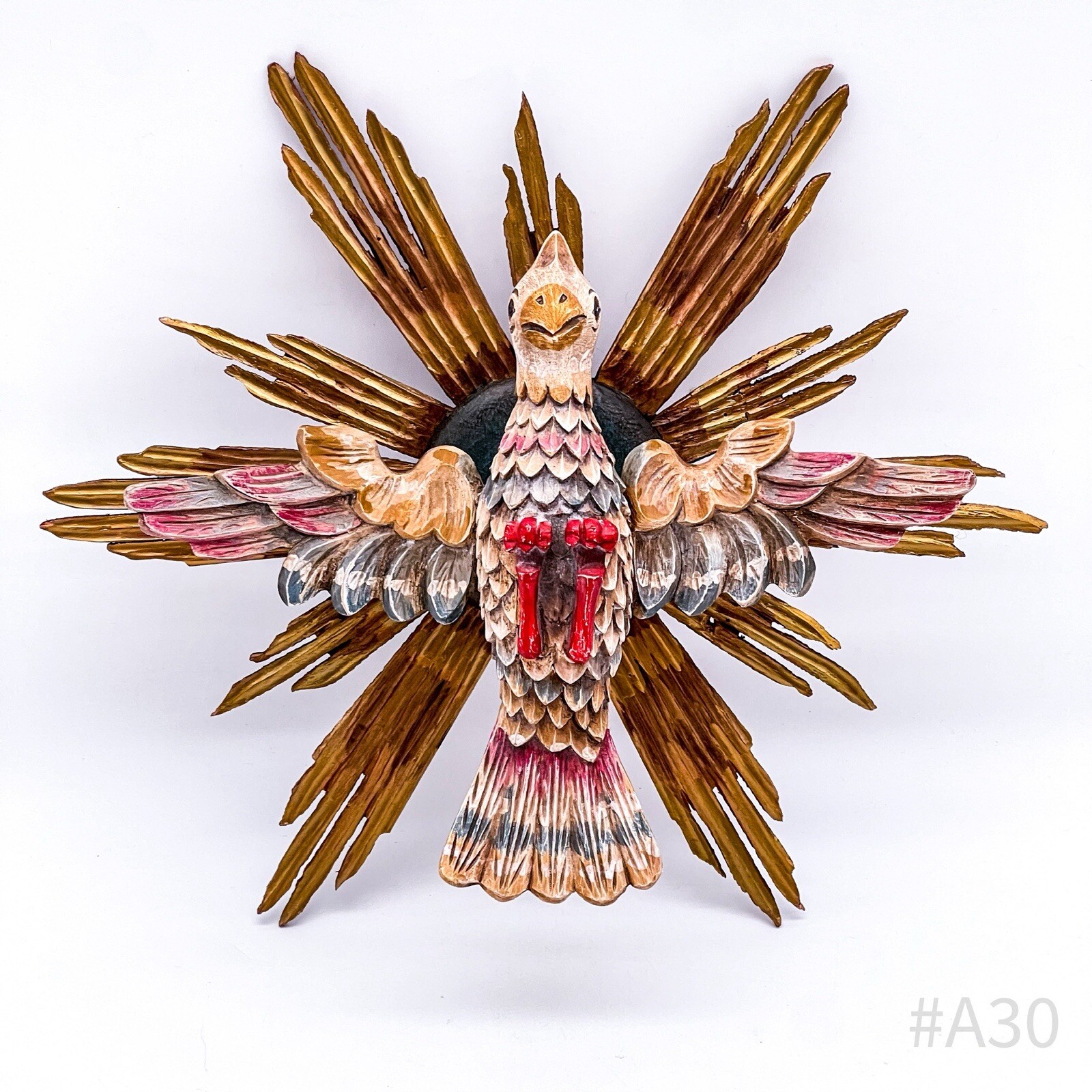 Heiliger Geist Taube vor Strahlenkranz aus Holz geschnitzt farbig gefasst 19. Jh