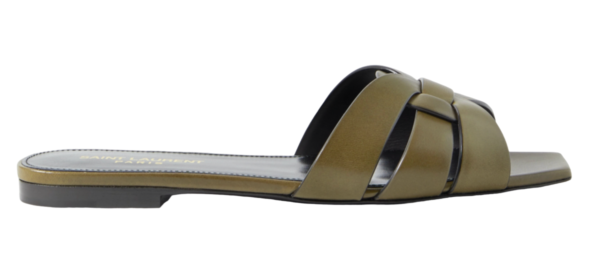 【Saint Laurent】TRIBUTE 05 SLIDE SA◆572761AAAAH Saint Laurent YSL Tribute Nu Pieds 05 Green Tundra Leather