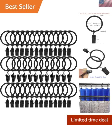 Set of 40 Vintage Black Metal Curtain Rings with Clips - 1.5" Interior Diameter