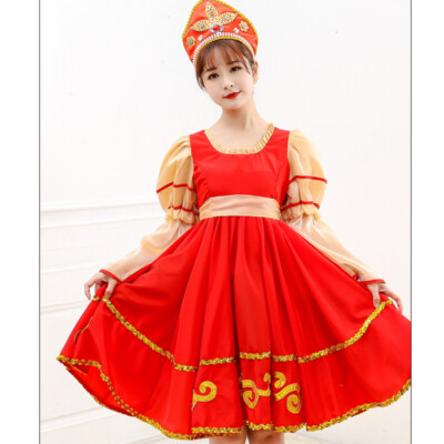 Mädchen Puffärmel Tanz Kleid Swing Russland Traditionell Kostüm Mit Mütze
