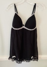 Linea Donatella Black Chiffon Babydoll SZ XL Womens Molded Cups Lace Trim Sheer
