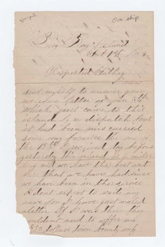 CIVIL WAR LETTER - 112th NY Vols - Hopes to Avoid Fighting on Big Bay Island, SC