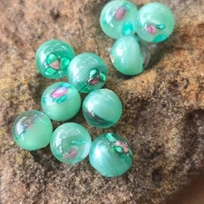 6mm Vintage Lampwork 1/2 Drill Half Drilled Green Glass Beads w/ Pink Flower