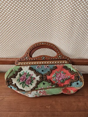 Isabella Fiore Beaded Floral Tapestry Handbag Wood Handles