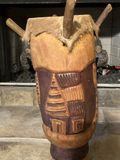 Vintage Hand Carved Jamaican Wood Drum - 21" Tall Folk Art - Tribal Decor