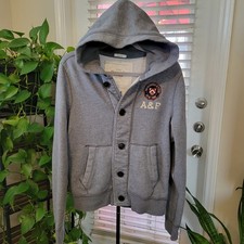 Abercrombie Fitch Mens Muscle Fit Button Front Hoodie Gray Crest Logo Large
