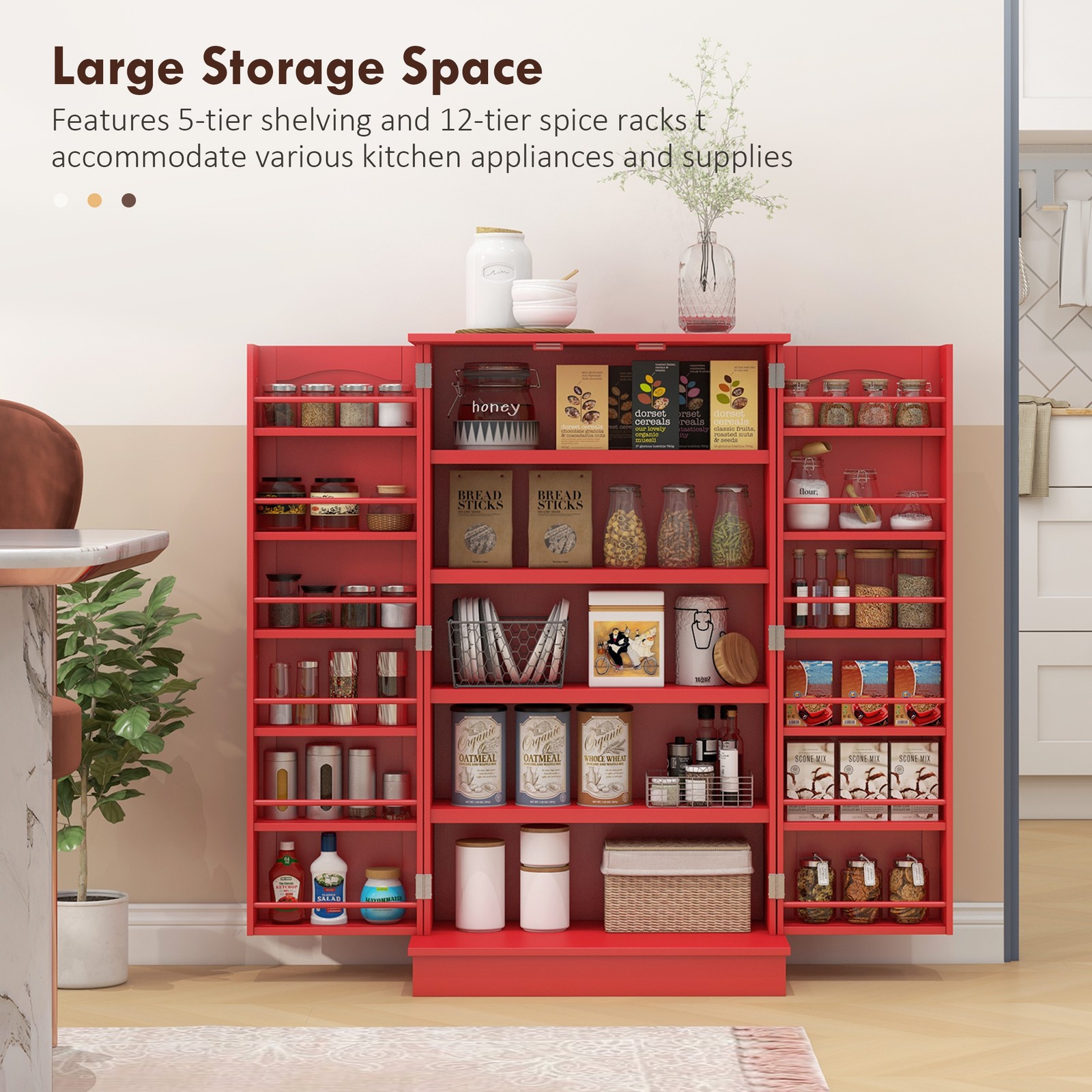 Kitchen Pantry Storage Cabinet w/ 5-tier Shelving, 12 Spice Racks, Red