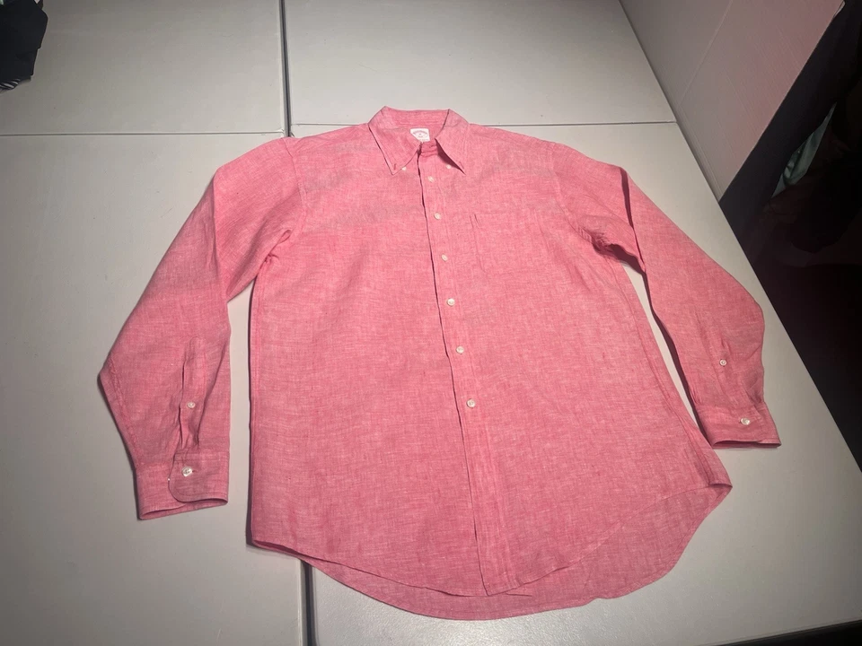 Brooks Brothers Shirt Men’s Medium Red Coral Button Up Linen Dress Casual - Image 2 of 4