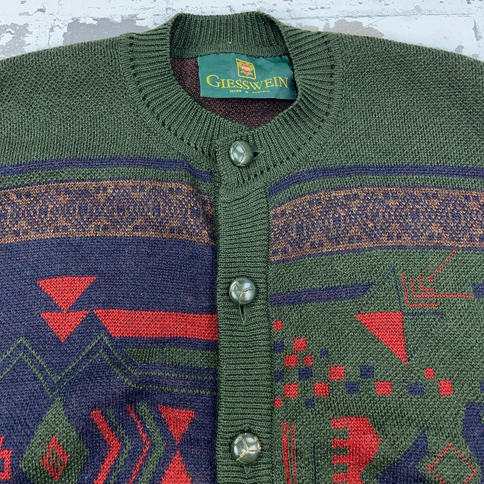 Suéter Giesswein Hombres Mediano Verde Azul Cárdigan Lana Azteca Colorblock Adulto * Foto 4 de 4