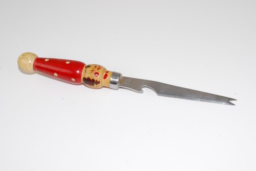 Vintage Volkskunst Clown Holz bemalt Flasche Olive Pick MCM Öffner Barware Japan - Bild 2 von 10