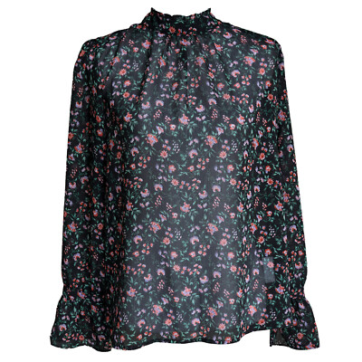 Soaked in Luxury Sheer Black Blouse Liberty Floral High Neck Ruffle Hem sz Med