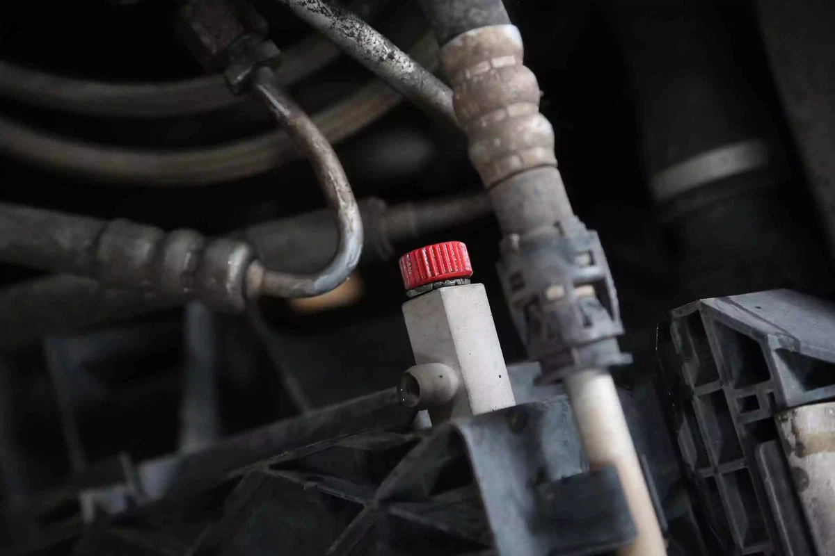A vehicle's coolant drain port with a red cap.