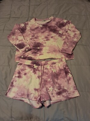 Wildfox Women's Sweatshirt & Shorts 2 Piece Lounge Set Tie Dye Stars Purple Sz L