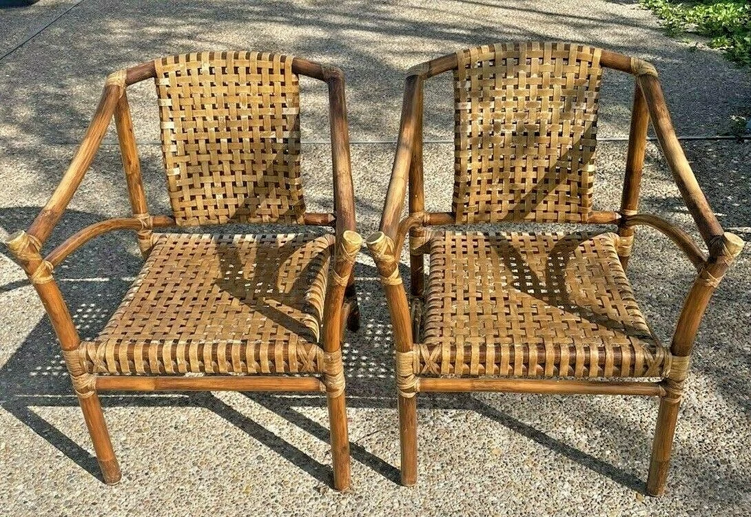 Pair McGuire Rattan and Laced Rawhide Dining Arm Chairs 1980s Era