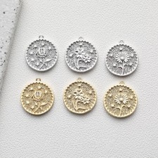 6pcs Round Coin Flower Charm,Flower Medallion Pendant,Disc Floral Charm
