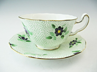 Adderley Cup & Saucer Hand Painted Green Dots Stylized Purple Flowers #404