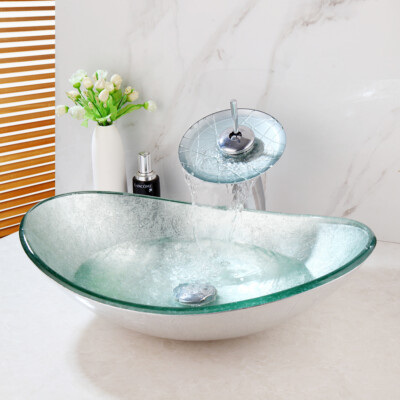 US Oval Tempered Glass Vessel Sink Faucet Bathroom Chrome Drain Tap Set