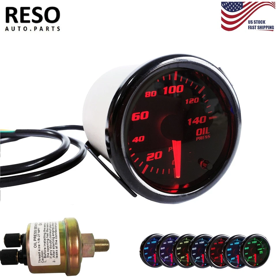 0-140 PSI 2'' 52mm 7 Color LED Digital Oil Pressure Gauge Meter W/ Sensor - Image 1 of 4