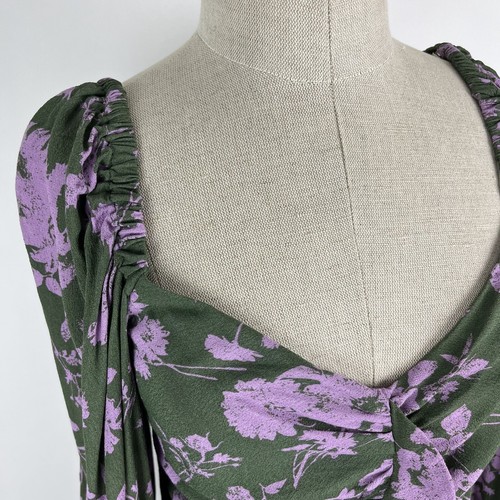 Umgee Ruched Dress Size Medium Floral Green Lavender Ruffle Balloon Sleeves Mini - Picture 5 of 16