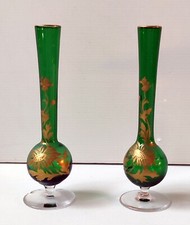 Pair Of Baccarat Green Crystal Vases With Gold Email Floral Decoration XIX