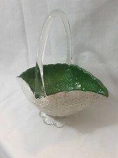 Vintage MURANO ART GLASS BASKET Green  White w/ COPPER AVENTURINE FLECKS