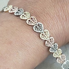 Womans tri color diamond cut 14k yellow white rose gold hearts Bracelet 7.25"