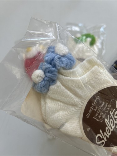VTG Bootie Socks NOS White Blue 8-11 Flowers Tassel Shelets 1970s Low Cut Ankle - Picture 2 of 6