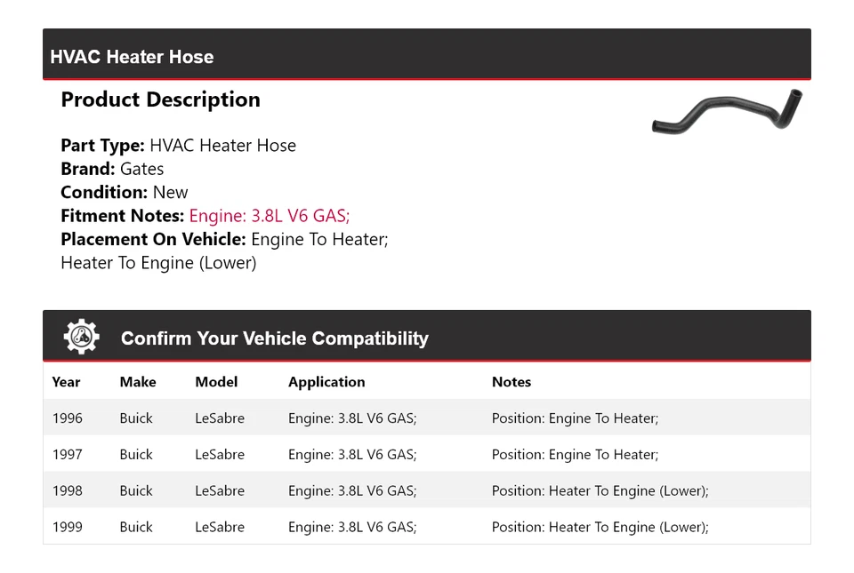 Para Buick LeSabre 1996-1999 3,8 L V6 Gas HVAC Calefacción Manguera Puertas 1997 1998 Foto 2 de 4