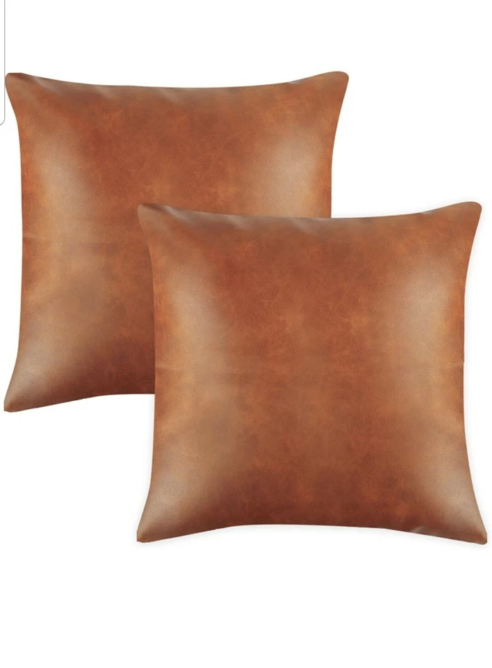 Faux Leather Throw Pillow Covers, Set of 2 Brown Modern Couch Cushion Covers - Image 3 of 4