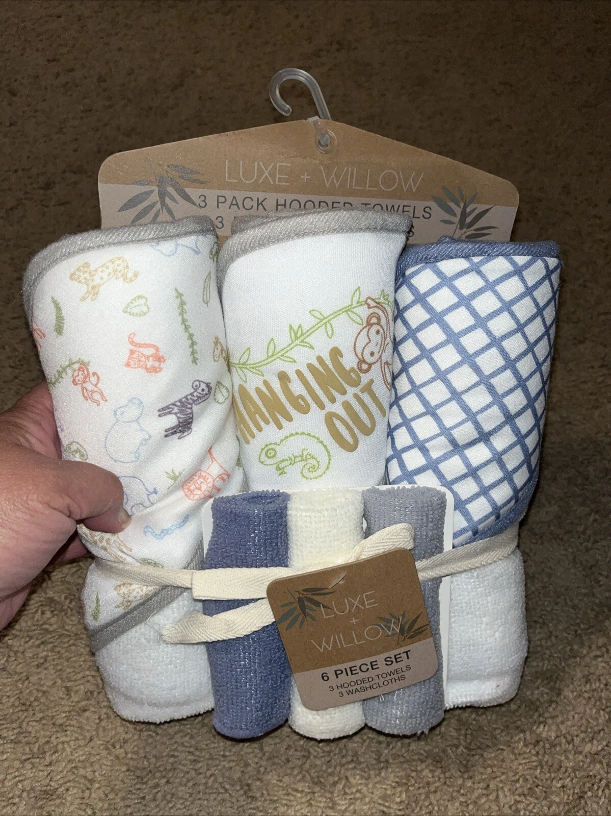 Luxe + Willow Baby 6 piece 3 Pack Hooded Towels + 3 Washcloths Animal Print NEW
