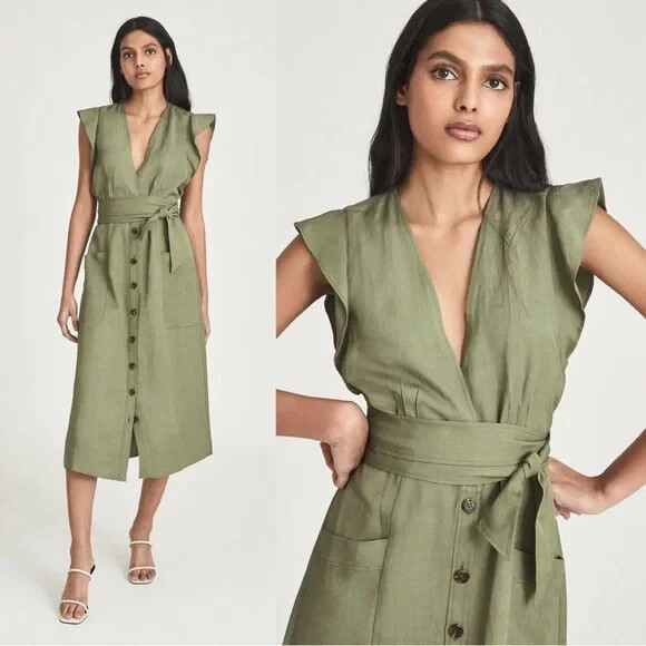 REISS • Emma Plunge Frill Shoulder Dress green midi button front tie waist  UK 10