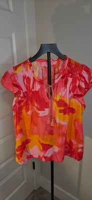 Rose + Olive Resort Women's Colorful Floral Short Sleeve Blouse Size L