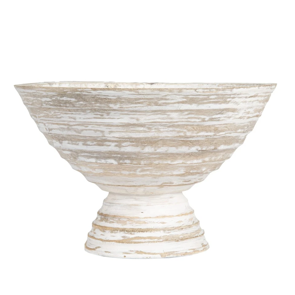 Boho Wood Pedestal Serving Bowl, White Wash Finish - Image 3 of 4