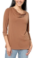 Susan Graver Women's Modern Essentials Liquid Knit CowlNeck Top Toffee