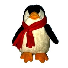 Russ Berrie TUNDRY Penguin Black White Soft 10in Plush Red Scarf