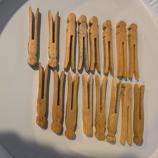 16 Vintage Wooden Clothes Pins Weathered Round Head Clothespins 4 inch