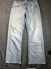 BKE Tyler Jeans Men’s 32S Distressed Boot Cut Stitch Light Blue Wash