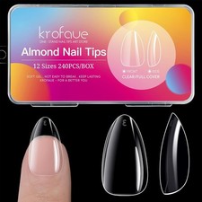 krofaue Almond Nails Tips - 240Pcs Clear Fake Tips 12 Sizes Soft Gel False Nails