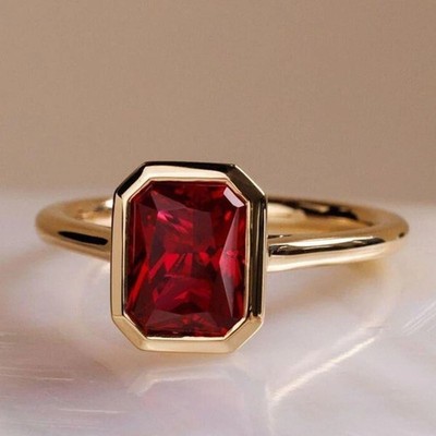 3.00Ct Radiant Cut Natural Ruby Solitaire Wedding Ring Real 14K Yellow Gold