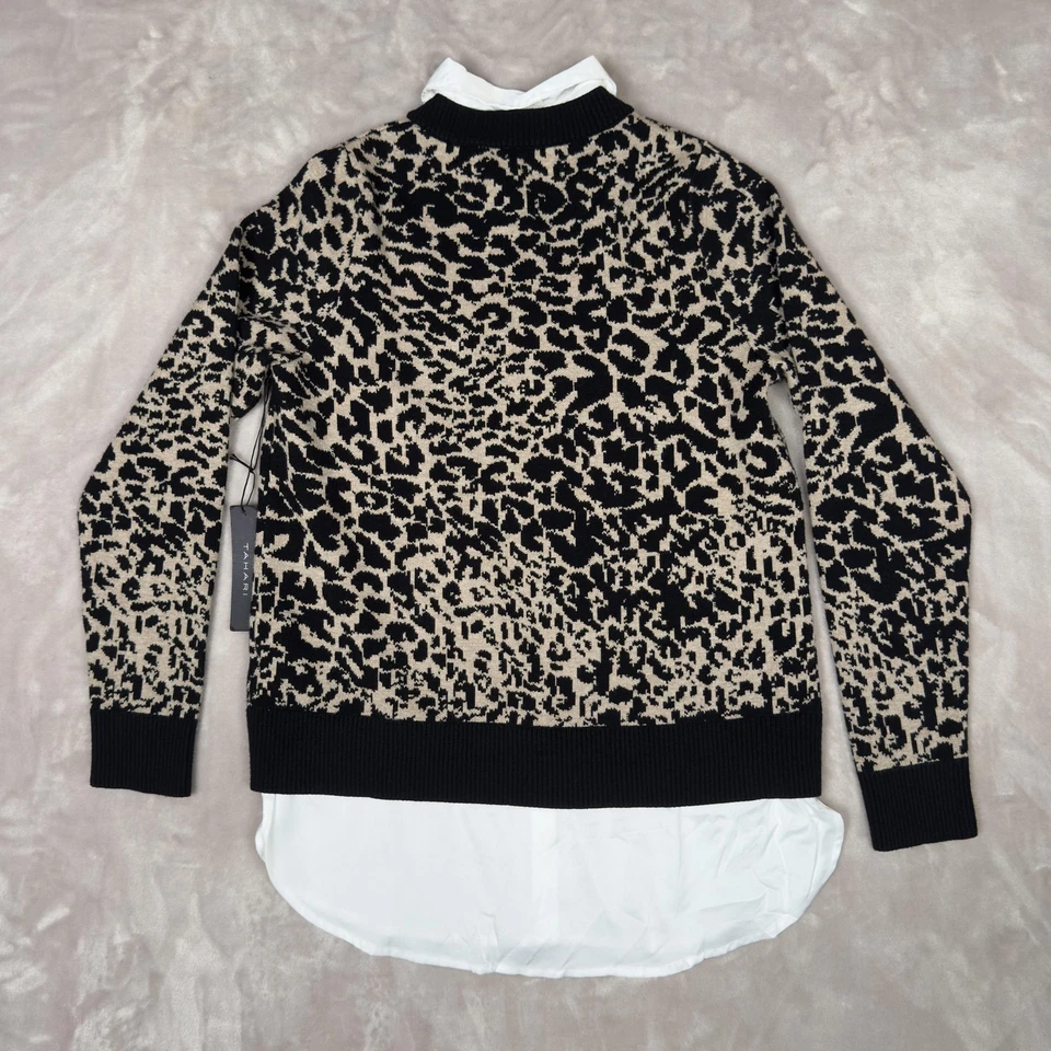 Suéter feminino Tahari médio preto bege leopardo gola V pulôver em camadas - Imagem 3 de 4