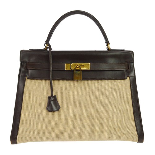 Hermes Brown Box Calf Toile H Kelly 32 Retourne Handbag ◯H NQ09277