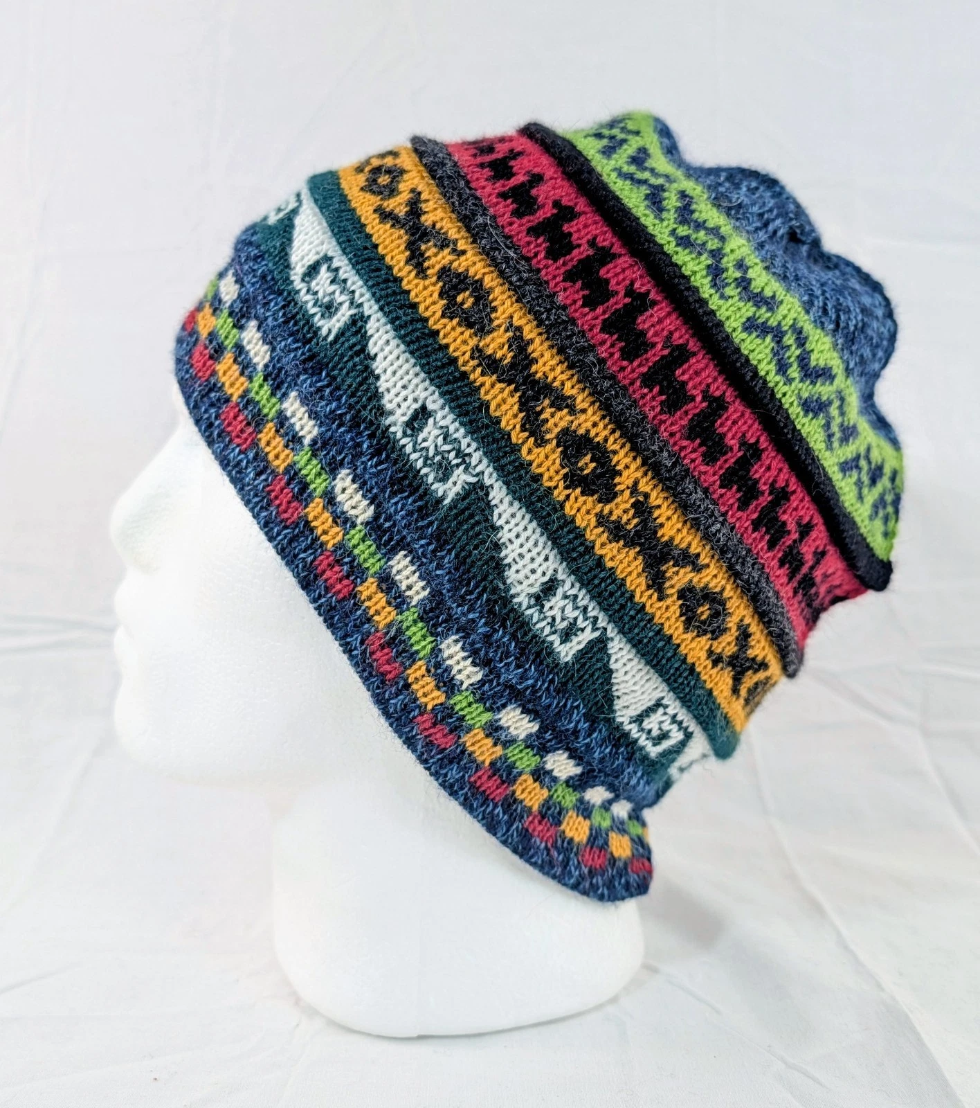 Soft Baby Alpaca Beanie Reversible Blue White Unisex Colorful Boho Llama Peru