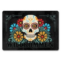 Willkommen FußMatte In 35X50 Cm Ohne Rand Mit Totenkopf Und Blumenmotiv