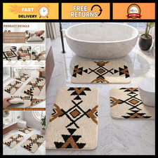 3-Piece Bathroom Rug Set - Fluffy Microfiber, Non-Slip, Boho Aztec Design, Beige