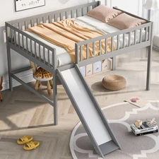 Full Size Low Loft Bed w/Ladder and Slide，Gray